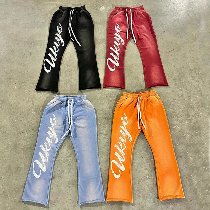 HL Oem Vintage Washed Stripe Sweat Pants Custom 100% Cotton Sun Faded Men Embroidery Logo Patched Double Waist Flare Sweatpants