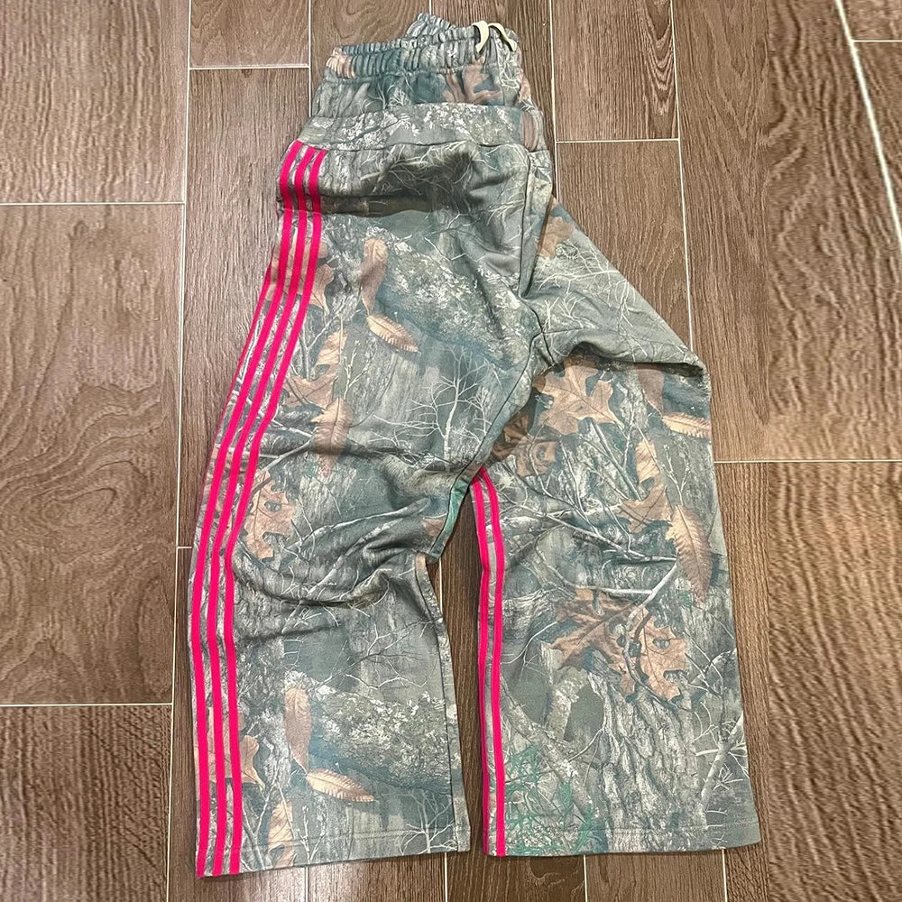 Huilin Manufacturer Unisex Oversized Striped Side Thick Cotton Track Pants Men Custom Allover Printed Wide Leg Camo Sweatpants