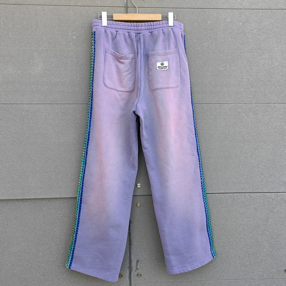 Huilin Manufacturer Oem Heavyweight Cotton Side Rhinestone Track Pants Men Custom Vintage Washed Sunfaded Wide Leg Sewatpants