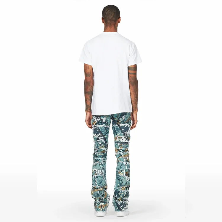 Manufacturer Multi-Patch Slim Fit Stacked Flared Denim Jeans Custom Digital Printing Camo Jeans Pants For Men