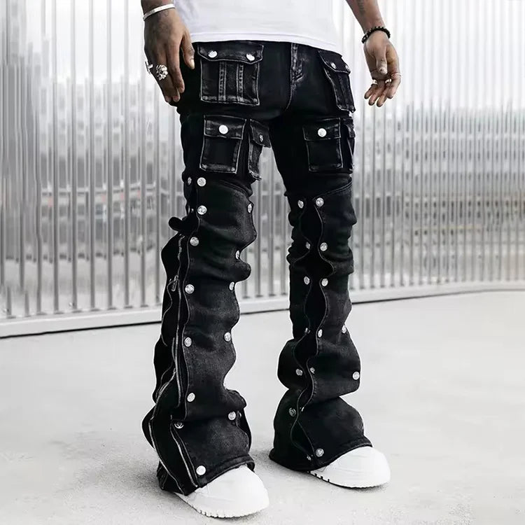 Straight Leg Pockets Cargo Pants Decorate Zipper Rivet Slim Fit Stacked Denim Pants Flare Street Style Premium Jeans