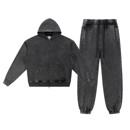 Vintage Fashion Supplier Low MOQ Acid Wash Washed Blank Custom Print Mens Loose Fit Sweatsuit Set