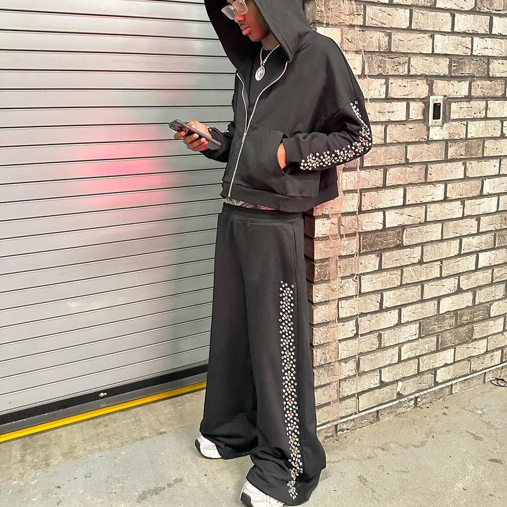 Huilin Factory Wholesale Oversized Wide Leg Sweatpants Hoodies Sets Men Custom Rhinestone Side Two Piece Streetwear Tracksuit