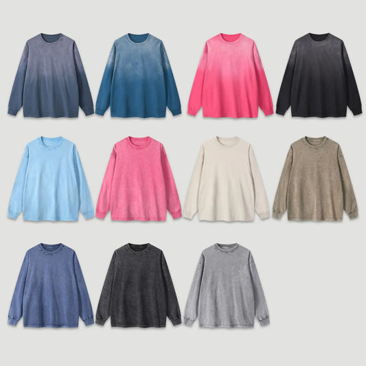 Trending Streetwear Supplier Low MOQ Acid Wash Oversized Blank Custom Print Unisex Long Sleeve T Shirt