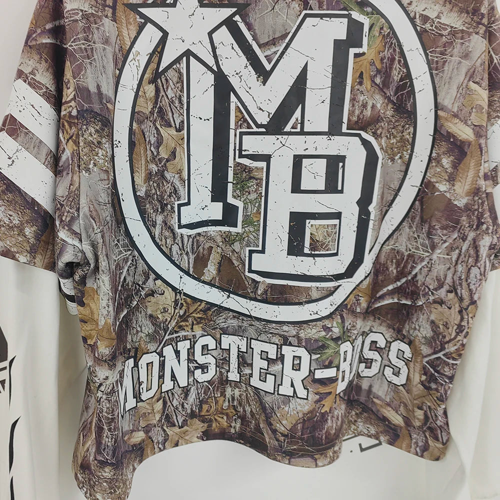 Custom Screen Printing Camo Graphic Tshirts Heavyweight Cotton Men Double Layer Long Sleeve T Shirt
