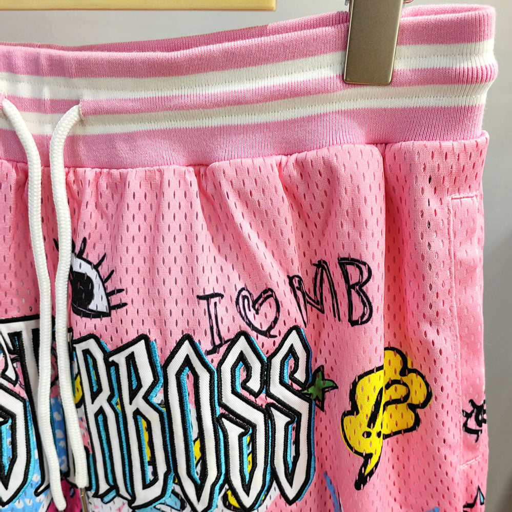 HUILI FACTORY chenille embroidery sportswear shorts drawstring waist polyester mesh baskelball shorts