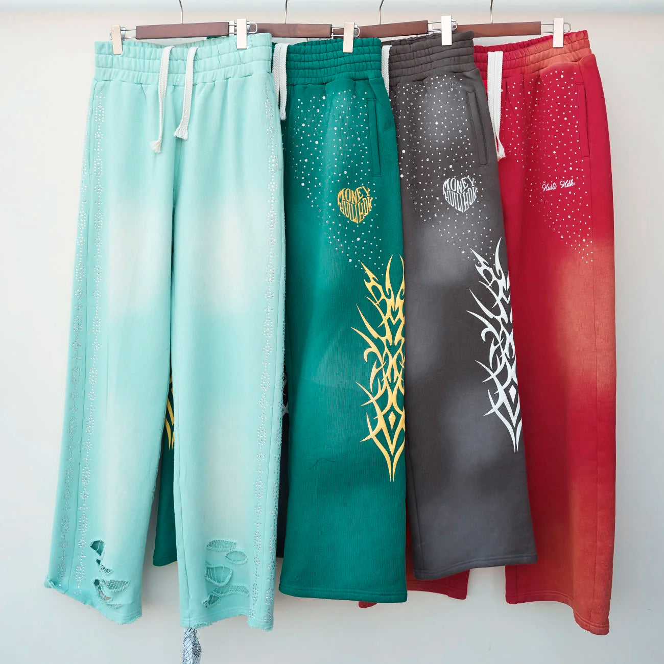 Heavyweight Cotton Vintage Sunfaded Washed Sweat Pants Custom Embroidery Logo Men 3D Puff Printed Rhinestone Sweatpants