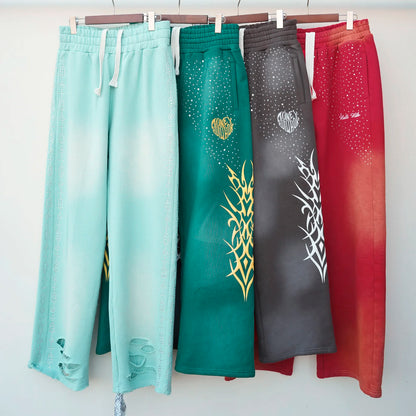 Heavyweight Cotton Vintage Sunfaded Washed Sweat Pants Custom Embroidery Logo Men 3D Puff Printed Rhinestone Sweatpants