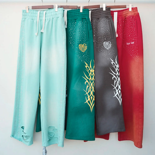 Heavyweight Cotton Vintage Sunfaded Washed Sweat Pants Custom Embroidery Logo Men 3D Puff Printed Rhinestone Sweatpants