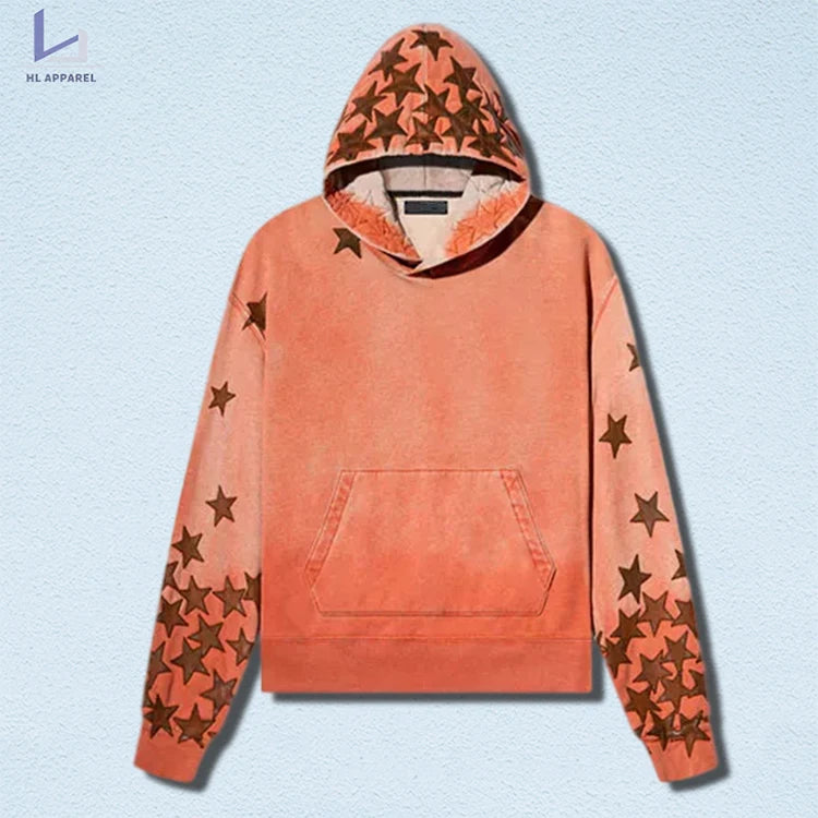 HL manufacturer wholesale men retro applique embroider garment dyed streetwear custom vintage washed star patch embroidery hoody