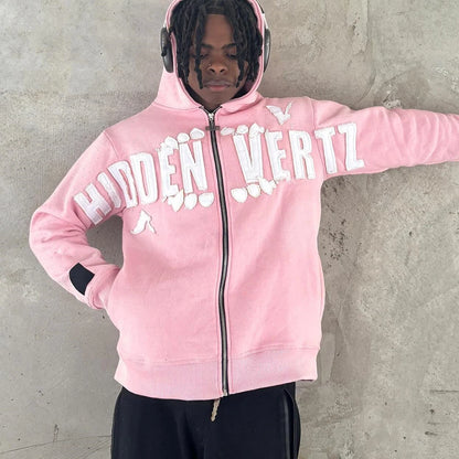 Oem High Quality Retro Washed Zip Up Hoodies Custom Oversized Fit Men Embroidery Logo Patched Rhinestone Vintage Hoodie