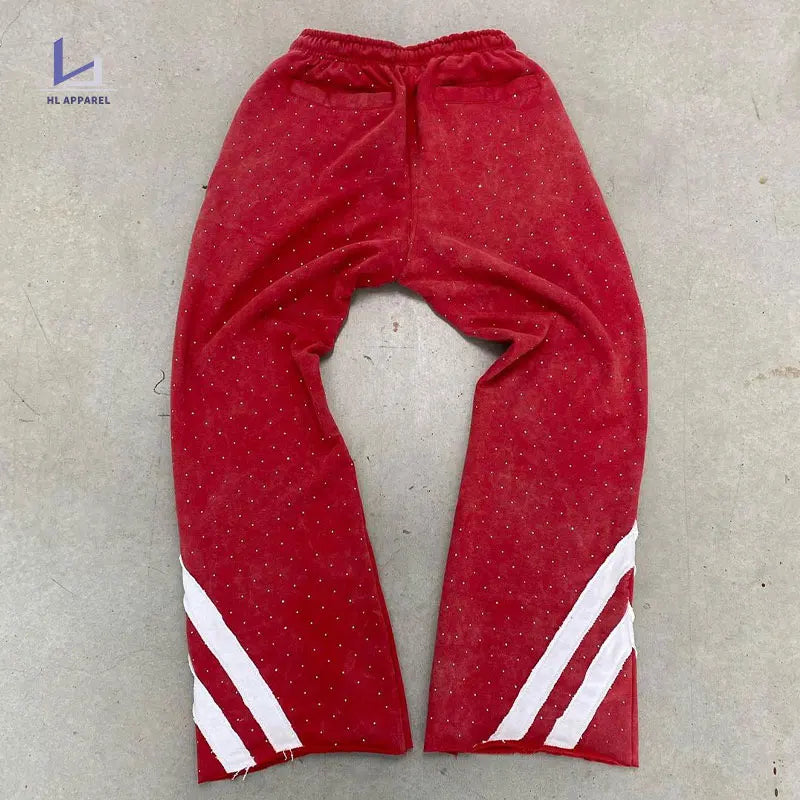 Huilin Factory Oem Custom Wide Leg Flared Sweatpants Men Rhinestone Drawstring Waist Raw Hem Sweatpants