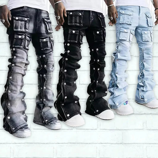 Straight Leg Pockets Cargo Pants Decorate Zipper Rivet Slim Fit Stacked Denim Pants Flare Street Style Premium Jeans