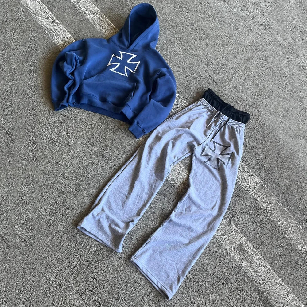 Huilin Oem Applique Embroidery Patched Hoodie Sweatpants Tracksuits Sets Men Custom Vintage Washed Two Piece Set Sweatsuits