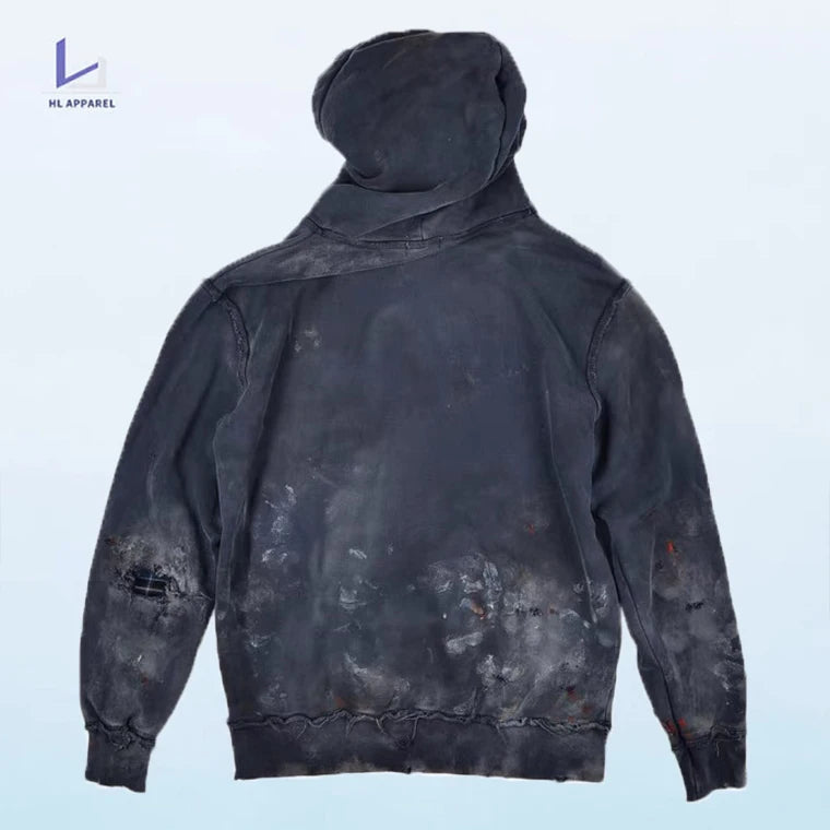 HL manufacturer custom men's distressed retro hoodie wholesale organic cotton vintage streetwear OEM ripped graffiti wash hoodie