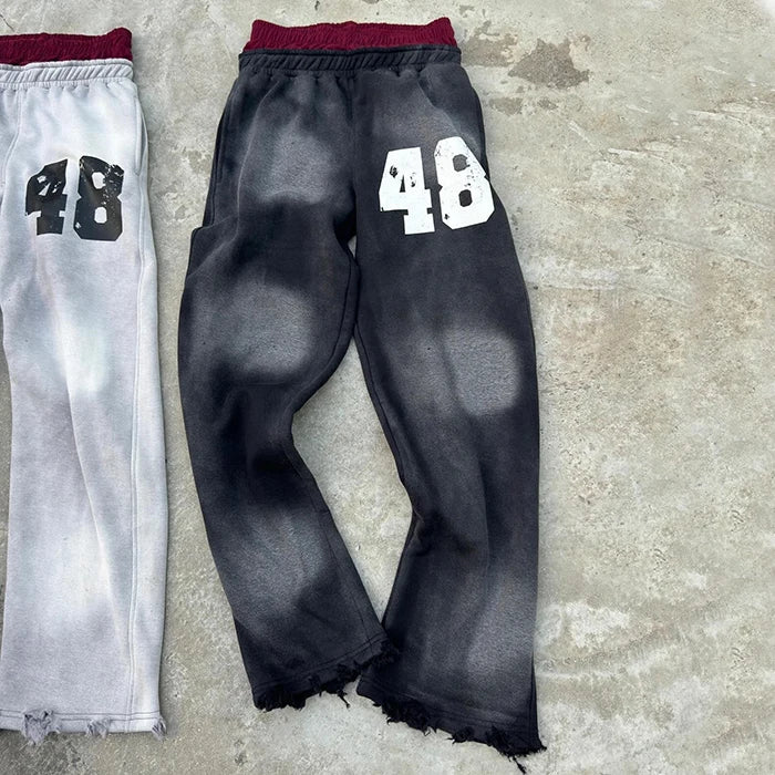 high quality custom printing logo distressed acid wash flared sweat pants men sun faded washed baggy double waisted sweatpants