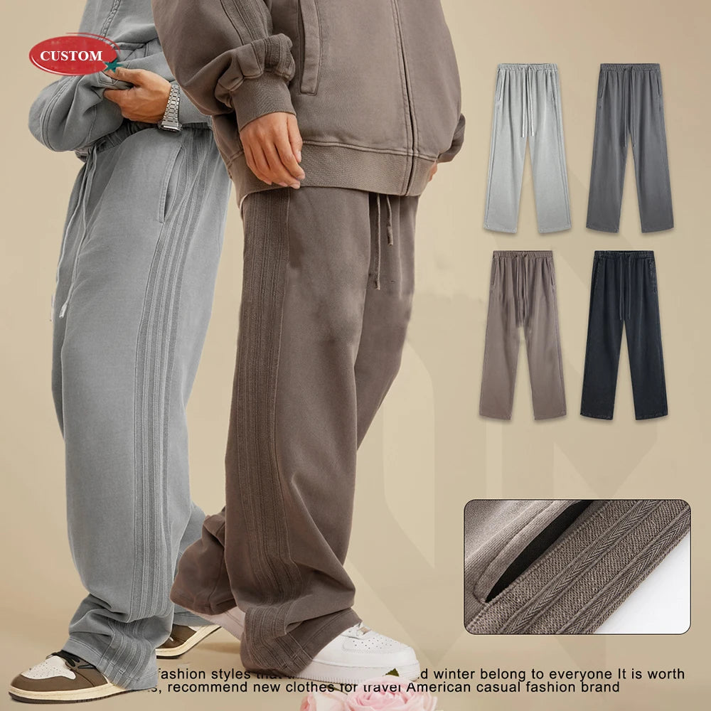 Huilin Heavyweight 450G Cotton Washed Pants Unisex Oversized Loose Fit Straight Leg Pants Side Striped Vintage Sweatpants Men