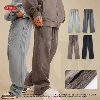 Heavyweight 450G Cotton Washed Pants Unisex Oversized Loose Fit Straight Leg Pants Side Striped Vintage Sweatpants Men