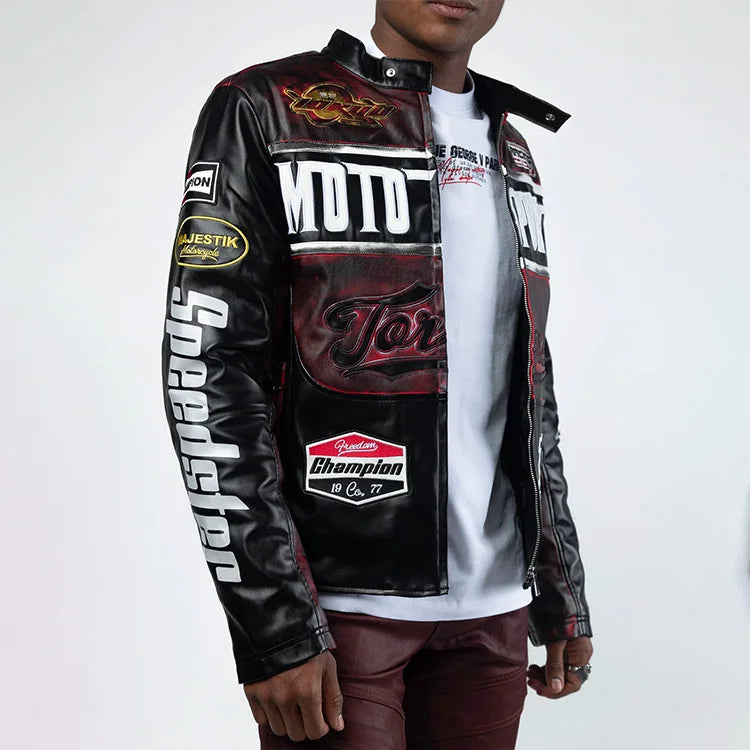 Patch Embroidered Snap-Button Collar Faux leather Bomber Jacket Wholesale Custom Logo PU Moto Sport Racing Jacket