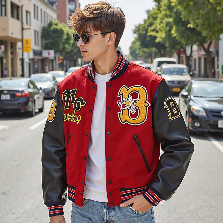 Leather Sleeve Appliques Patchwork Varsity Jacket Chenille Embroidery Badge Custom Letterman Jacket Men