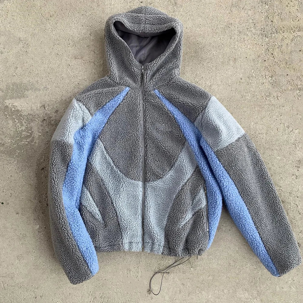 Manufacturer High Quality Custom Streetwear Color Block Hoodies Oversized Fit Men Zip Up Heavyweight Sherpa Fleece Hoodie