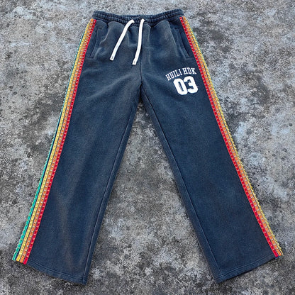 Manufacturer Oem Heavyweight Cotton Side Rhinestone Track Pants Men Custom Vintage Washed Sunfaded Wide Leg Sewatpants