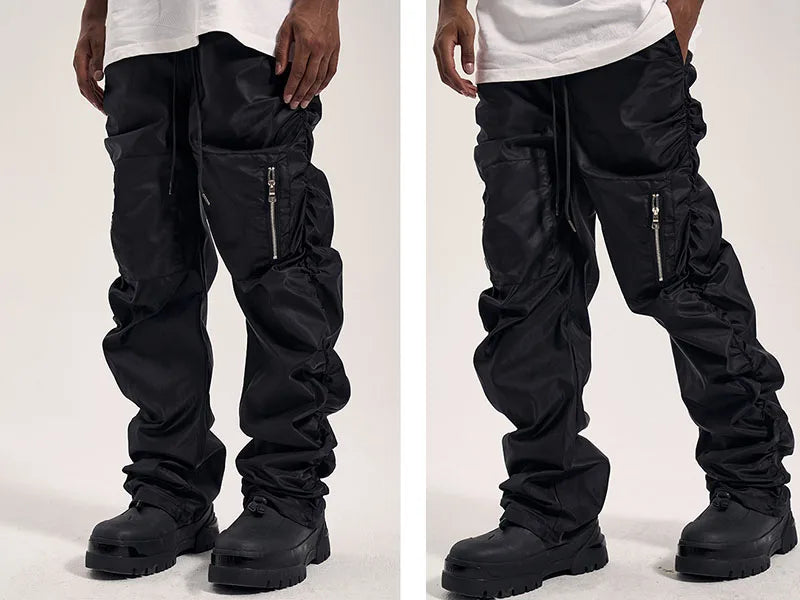 HL manufacturer custom unisex polyester bungee pants elastic adjustable nylon joggers stacked sweatpants ruched cargo pants men