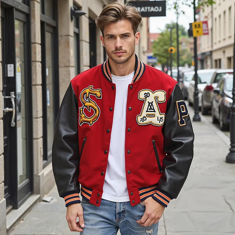 Leather Sleeve Appliques Patchwork Varsity Jacket Chenille Embroidery Badge Custom Letterman Jacket Men