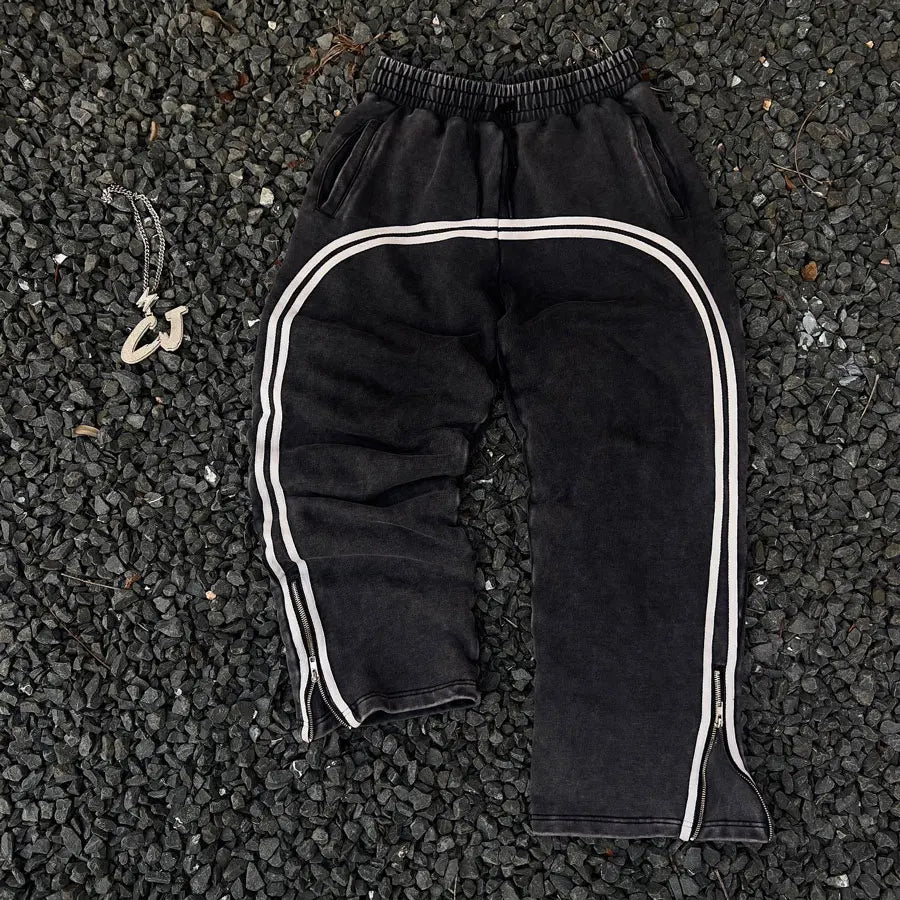 Oem Wholesale 100% Cotton Heavyweight Sweatpants Custom Zip Bottom Straight Leg Men Vintage Washed Striped Sweatpants