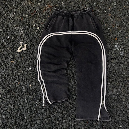 Oem Wholesale 100% Cotton Heavyweight Sweatpants Custom Zip Bottom Straight Leg Men Vintage Washed Striped Sweatpants