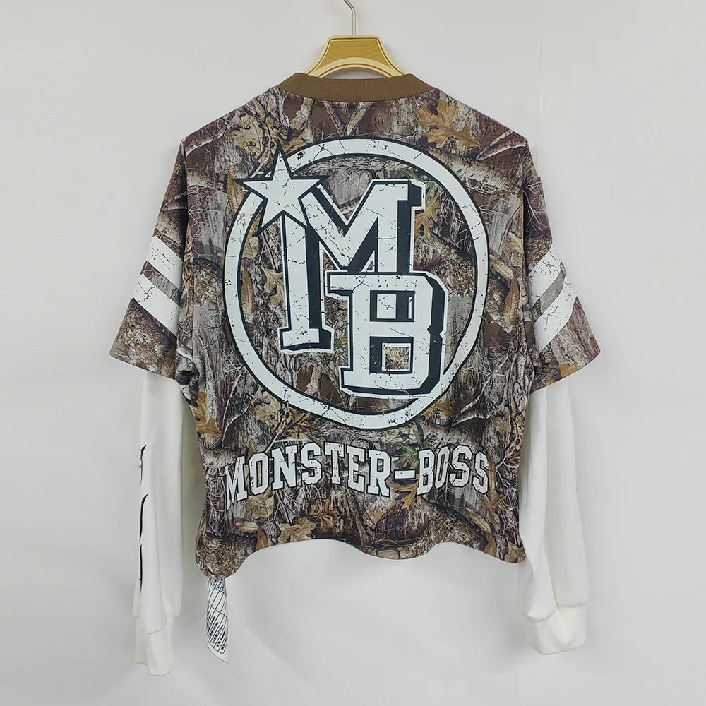 Custom Screen Printing Camo Graphic Tshirts Heavyweight Cotton Men Double Layer Long Sleeve T Shirt