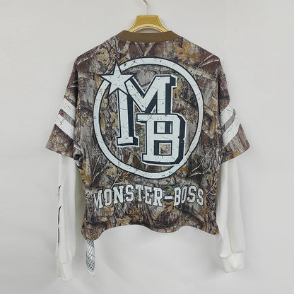 Custom Screen Printing Camo Graphic Tshirts Heavyweight Cotton Men Double Layer Long Sleeve T Shirt