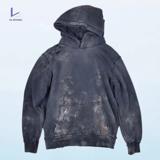 HL manufacturer custom men's distressed retro hoodie wholesale organic cotton vintage streetwear OEM ripped graffiti wash hoodie