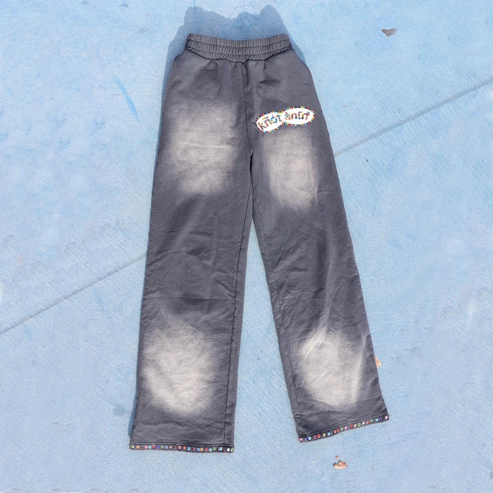 Oem Wholesale Streetwear Heavyweight Cotton Track Pants Custom Vintage Sn Faded Washed Men Flared Wide Leg Rhinestone Sweatpants