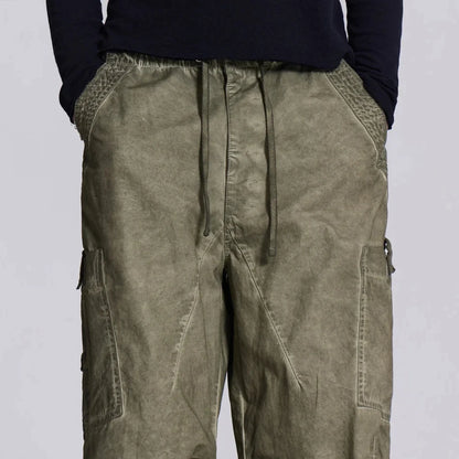 Baggy Wide Leg Cargo Track Pants Men Custom Oil Washed Vintage Grey Oversized Parachute Pants