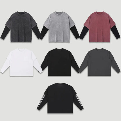 Premium Comfort Manufacturer Supplier Low MOQ Vintage Acid Wash Blank Custom Print Custom Logo Casual Layered Sleeve Tee