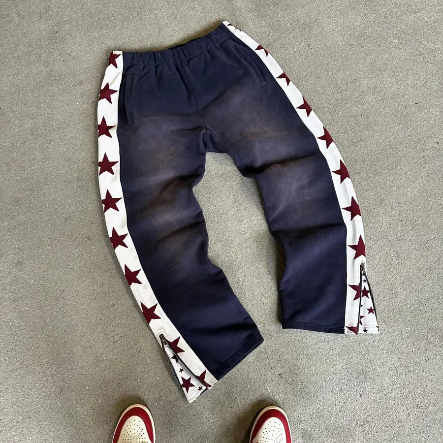 Huilin Oem Streetwear Thick Cotton Sweatpants Custom Puff Printing Men Wide Leg Adjustable Bottom Vintage Sweatpants