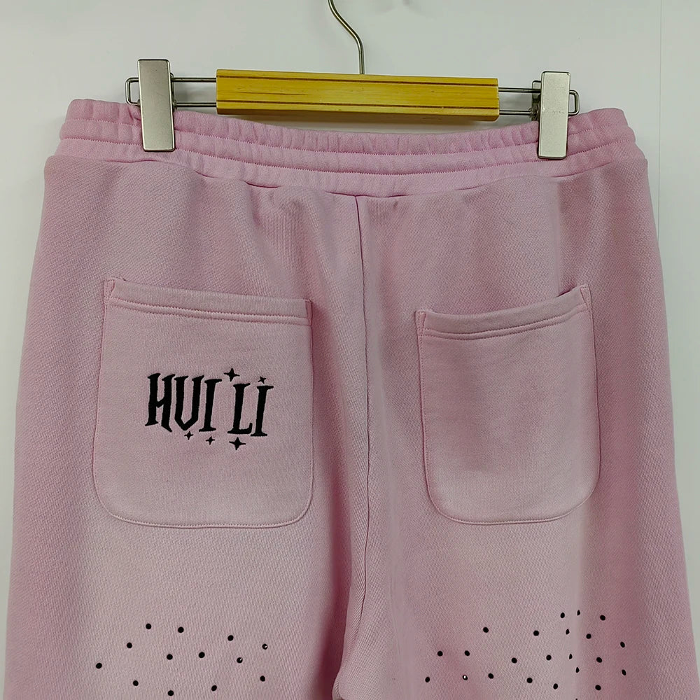 Huilin New Embroidery Logo Thick Cotton Jogger Track Pants Custom Rhinestone Sunfaded Washed Men Raw Hem Wide Leg Sweatpants