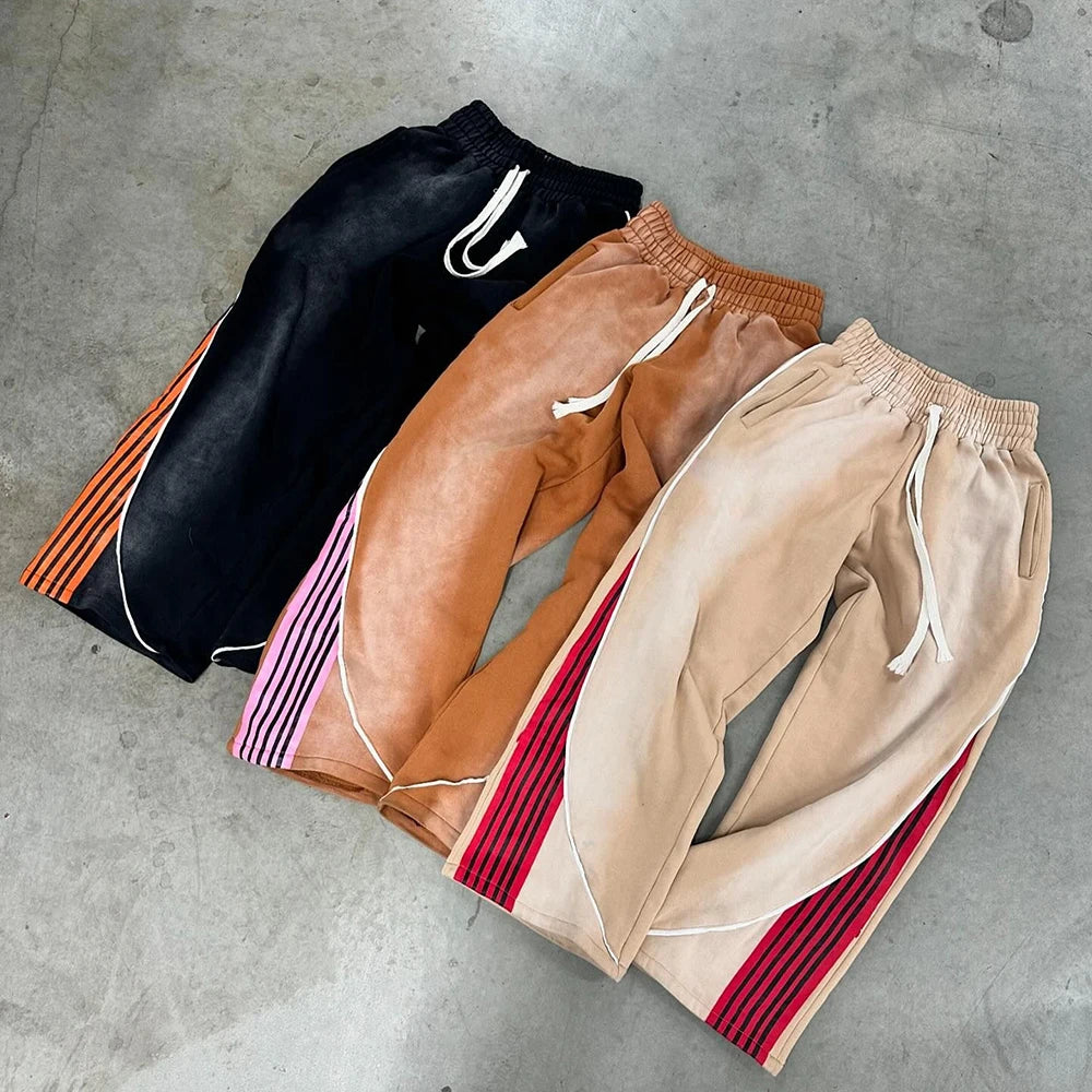 Huilin Oem Wholesale Winter Heavyweight Cotton Track Pants Men Custom Sunfaded Vintage Washed Striped Wide Leg Flared Sweatpants