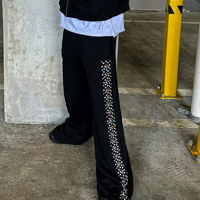 Huilin Wholesale Oversized Fit Wide Leg Sweatpants Men Custom Thick Cotton Side Rhinestone Baggy Flared Sweatpants