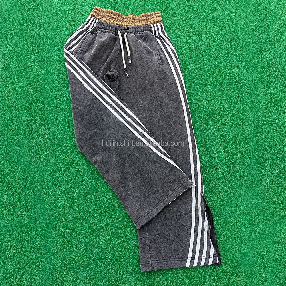 Huilin Oem Acid Vintage Washed 100% Cotton Sweatpants Striped Side Men Custom Zipper Bottom Wide Leg Double Waisted Sweatpants