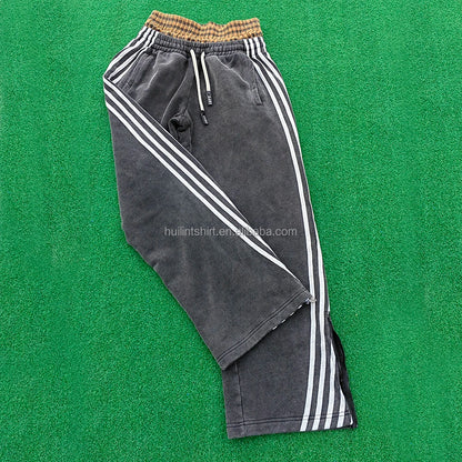 Oem Acid Vintage Washed 100% Cotton Sweatpants Striped Side Men Custom Zipper Bottom Wide Leg Double Waisted Sweatpants