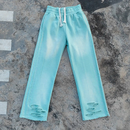 Vintage Washed Thick Cotton French Terry Sweat Pants Mens Custom Side Rhinestone Wide Leg Sunfaded Sweatpants