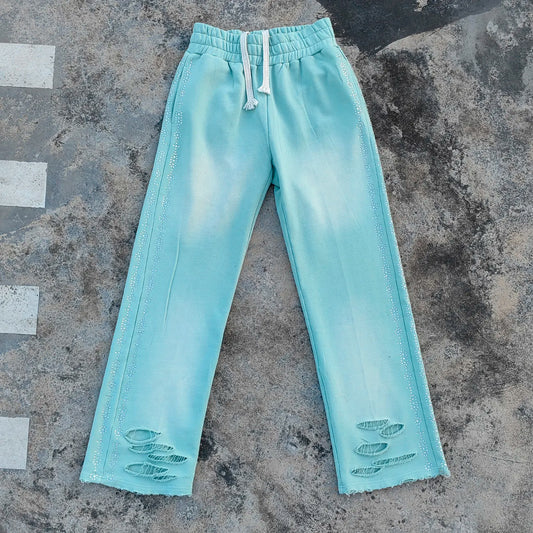 Vintage Washed Thick Cotton French Terry Sweat Pants Mens Custom Side Rhinestone Wide Leg Sunfaded Sweatpants