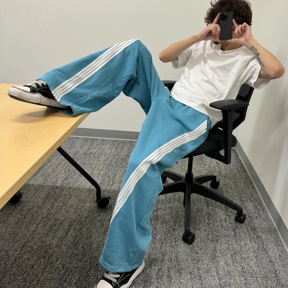 Huilin High Quality Custom 100% Cotton Heavyweight Streetwear Sweat Pants Men Oversized Wide Leg Baggy Striped Sweatpants