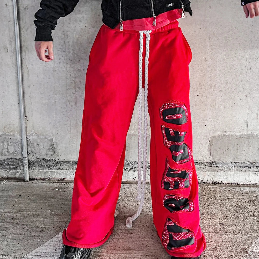 Winter Thick Cotton Distressed Washed Jogger Track Pants Custom Men Oversized Wide Leg Rhinestone Logo Printing Baggy Sweatpants