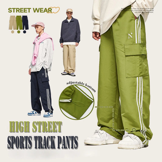 Huilin New Trend Streetwear Polyester Cargo Parachute Pants Side Striped Men Custom Baggy Wide Leg Oversized Track Pants