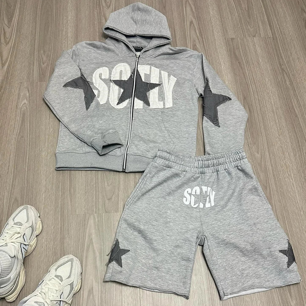 Huilin Custom Logo Print Applique Patched Embroidery Shorts Tracksuits Men Heavyweight Cotton Two Piece Hoodie Sweat Shorts Sets