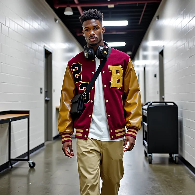 Brown PU Sleeve Patchwork Maroon Letterman Jacket Men Simple Monogrammed Embroidered Varsity Jacket Custom