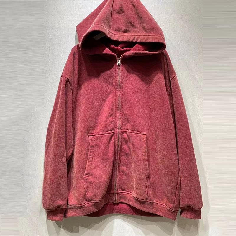 HUILI FACTORY custom heavyweight vintage zip up hooded jacket thick fleece acid retro stone wash hoodie